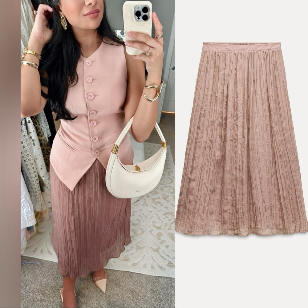 Zara NWT dusty pale pink elastic waistband wrinkle effect midi skirt - Picture 1 of 9